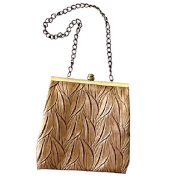 Vintage Jessica McClintock Gunne Sax Gold Metallic Leaf Texture Leather Purse - Picture 1 of 5